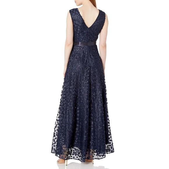Tahari Midnight Blue 3D Floral Applique Cap Sleeve Ribbon Tie Sash Maxi Gown 6 - Picture 2 of 6